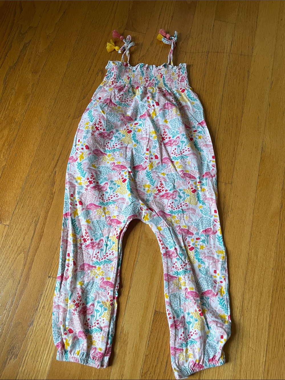 Mud Pie Multicolor Flamingo Smocked Romper - Pink, Yellow, Teal